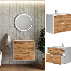 Waschbeckenunterschrank Lanco Weiß/Goldkraft Eiche 80 x 61.5 cm mit Waschbecken Vicco