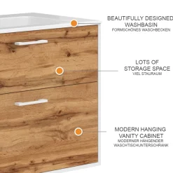 Waschbeckenunterschrank Lanco Weiß/Goldkraft Eiche 80 x 61.5 cm mit Waschbecken Vicco