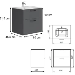 Waschbeckenunterschrank Lanco Anthrazit 61 x 61.5 cm mit Waschbecken Vicco