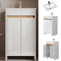 Waschbeckenunterschrank Lemgo Weiß Hochglanz 2 Teile, mit Waschbecken und 2 Flügeltüren Vicco