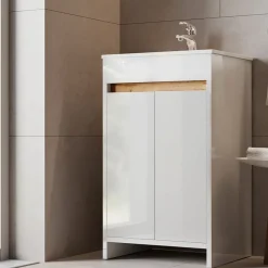 Waschbeckenunterschrank Lemgo Weiß Hochglanz 2 Teile, mit Waschbecken und 2 Flügeltüren Vicco