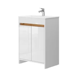 Waschbeckenunterschrank Lemgo Weiß Hochglanz 2 Teile, Unterschrank 60 cm Vicco