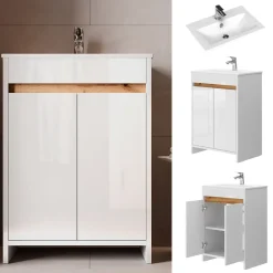 Waschbeckenunterschrank Lemgo Weiß Hochglanz 2 Teile, Unterschrank 60 cm Vicco