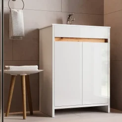 Waschbeckenunterschrank Lemgo Weiß Hochglanz 2 Teile, Unterschrank 60 cm Vicco