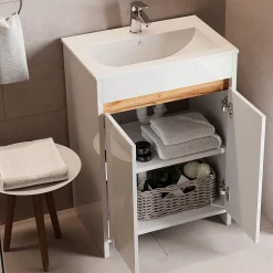 Waschbeckenunterschrank Lemgo Weiß Hochglanz 2 Teile, Unterschrank 60 cm Vicco