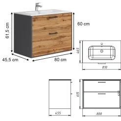 Waschbeckenunterschrank Lanco Anthrazit/Goldkraft Eiche 80 x 61.5 cm mit Waschbecken Vicco