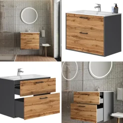 Waschbeckenunterschrank Lanco Anthrazit/Goldkraft Eiche 80 x 61.5 cm mit Waschbecken Vicco