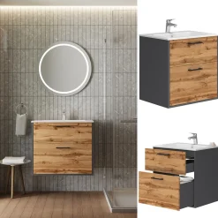 Waschbeckenunterschrank Lanco Anthrazit/Goldkraft Eiche 61 x 61.5 cm mit Waschbecken Vicco