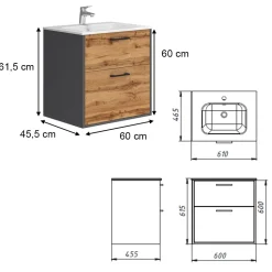 Waschbeckenunterschrank Lanco Anthrazit/Goldkraft Eiche 61 x 61.5 cm mit Waschbecken Vicco
