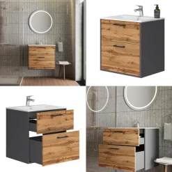 Waschbeckenunterschrank Lanco Anthrazit/Goldkraft Eiche 61 x 61.5 cm mit Waschbecken Vicco