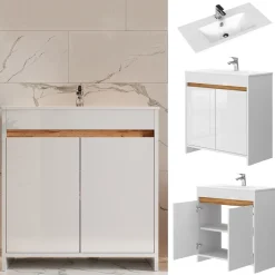 Waschbeckenunterschrank Lemgo Weiß Hochglanz 2 Teile, Unterschrank 80 cm Vicco