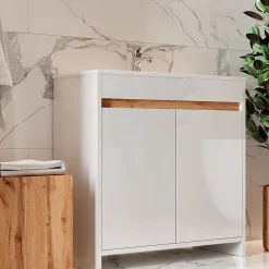 Waschbeckenunterschrank Lemgo Weiß Hochglanz 2 Teile, Unterschrank 80 cm Vicco