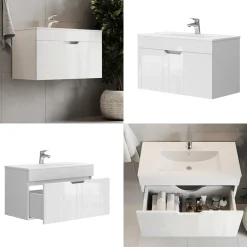 Waschbeckenunterschrank Stefanie Weiß 2 Teile, Unterschrank 80 cm Vicco